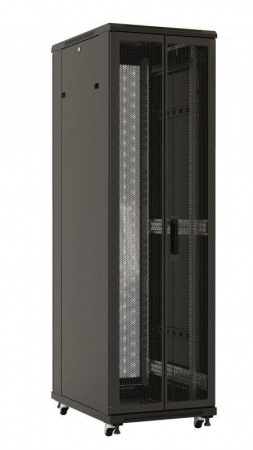 Шкаф напольный 19дюйм 27U 1388х800х600мм (ВхШхГ) передняя стеклянная дверь со стальными перфор. боковинами задняя дверь сплошная ручка с замком (RAL TTB-2786-AS-RAL9004 черн. Hyperline 443641