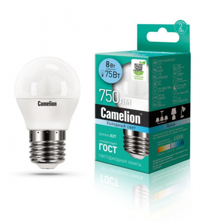 Лампа светодиодная LED8-G45/845/E27 8Вт шар 4500К бел. E27 750лм 170-265В Camelion 12394