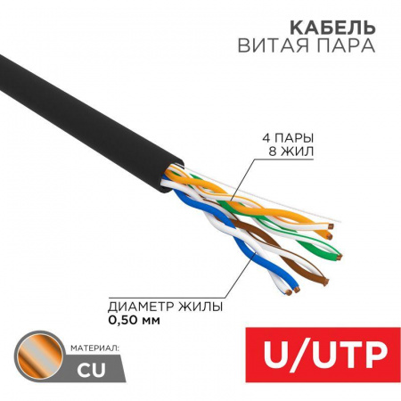 Кабель витая пара U/UTP 4х2х24AWG кат.5е OUTDOOR черн. (уп.50м) Rexant 01-0045-50