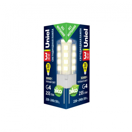 Лампа светодиодная LED-JC-220/3W/3000K/G4/CL GLZ09TR 3000К упак. картон прозр. Uniel UL-00006742