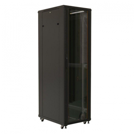 Шкаф напольный 19дюйм 32U 1610х800х1200мм (ВхШхГ) передняя дверь стеклянная задняя дверь сплошная ручка с замком 2 вертикальных кабельных организатора (RAL 9004) (разобранный) TTB-3282-AS-RAL9004 черн. Hyperline 436560