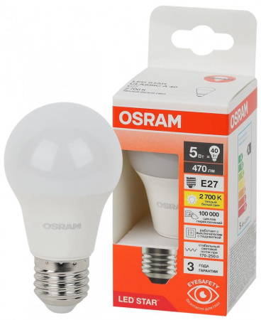 Лампа светодиодная LED Star 5Вт 2700К тепл. бел. E27 470лм A угол пучка 180град. 170-250В (замена 40Вт) матов. пластик OSRAM 4058075695566