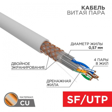 Кабель витая пара S/FTP 4х2х0.57 кат.7 медь сер. 305м сер. (м) Rexant 01-0542