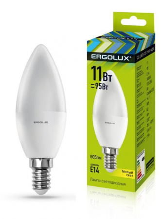 Лампа светодиодная LED-C35-11W-E14-3K Свеча 11Вт E14 3000К 172-265В Ergolux 13618