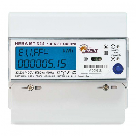 Счетчик НЕВА МТ 324 1.0 AR E4BSC28 3ф 5-80А класс точн. 1.0/2.0 многотариф. оптопорт RS-485 на DIN-рейку ЖКИ Моск. вр. ТАЙПИТ 6119030