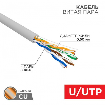 Кабель витая пара U/UTP 4х2х24AWG кат.5e CU PVC (медь) 100 МГц сер. (уп.100м) Rexant 01-0043-100