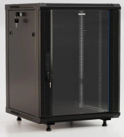 Шкаф настенный TWB-FC-1545-GP-RAL9004 19дюйм. 15U 775х600х450мм стекл. дверь с перфорацией по бокам ручка с замком с возмож. установки на ножки черн. (разобранный) Hyperline 395537