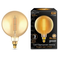 Лампа светодиодная филаментная Black Filament 6Вт G200 шар золотая 4100К нейтр. бел. E27 890лм GAUSS 154802118