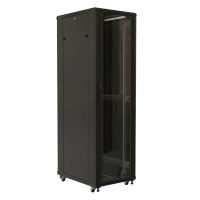 Шкаф напольный 19дюйм 32U 1610х800х1200мм (ВхШхГ) передняя дверь стеклянная задняя дверь сплошная ручка с замком 2 вертикальных кабельных организатора (RAL 9004) (разобранный) TTB-3282-AS-RAL9004 черн. Hyperline 436560