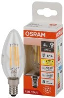 Лампа светодиодная филаментная LS CLB40 4W/827 230VFILCL 4Вт 2700К тепл. бел. E14 470лм B угол пучка 300град. 220-240В (замена 40Вт) прозр. стекло OSRAM 4058075683877
